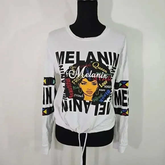 Melanin Graphic Pullover Top XL Afro Art Drawstring Hem - Picture 2 of 6